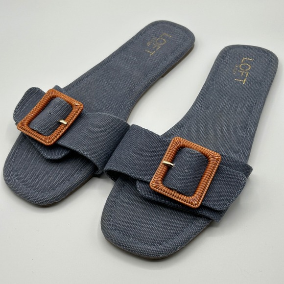 LOFT Outlet Shoes - LOFT Outlet Blue Fabric Slides Flat Sandals Slip On with Brown Buckle Womens 10M